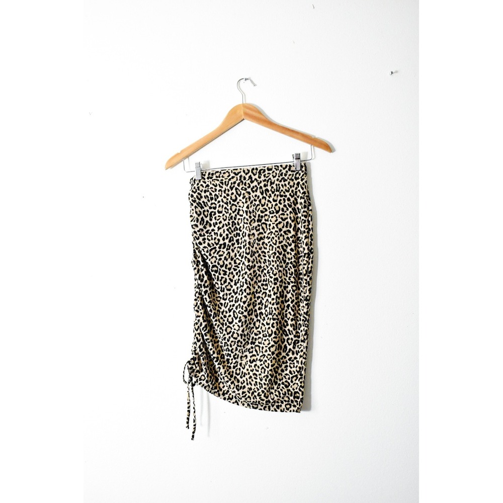 Stowaway Collection Leopard Midi‎ Skirt Women S Tan Black Modern Ruched Ribbed